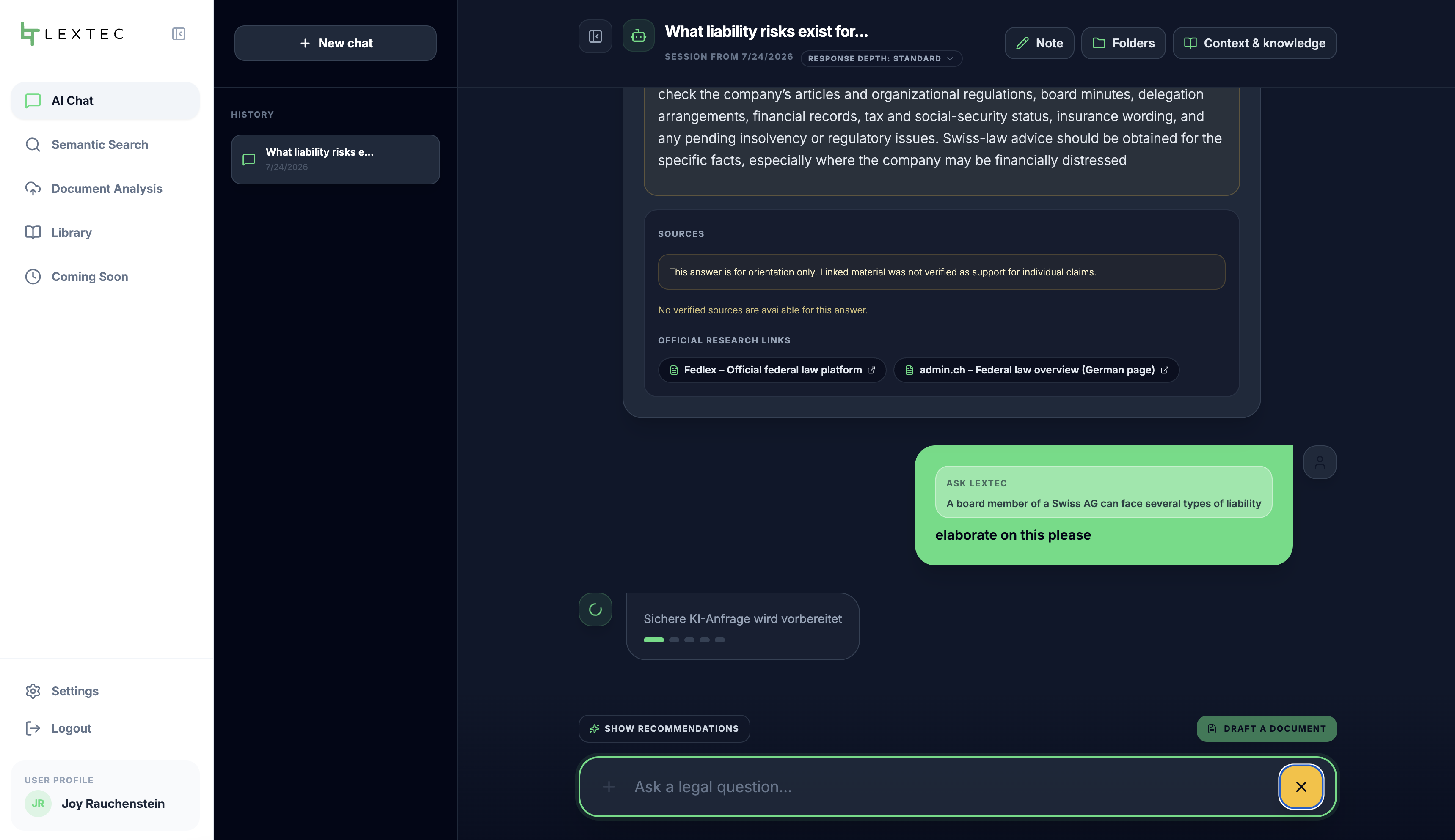 LexTec AI-Chat: Antwort mit zitierten Quellen