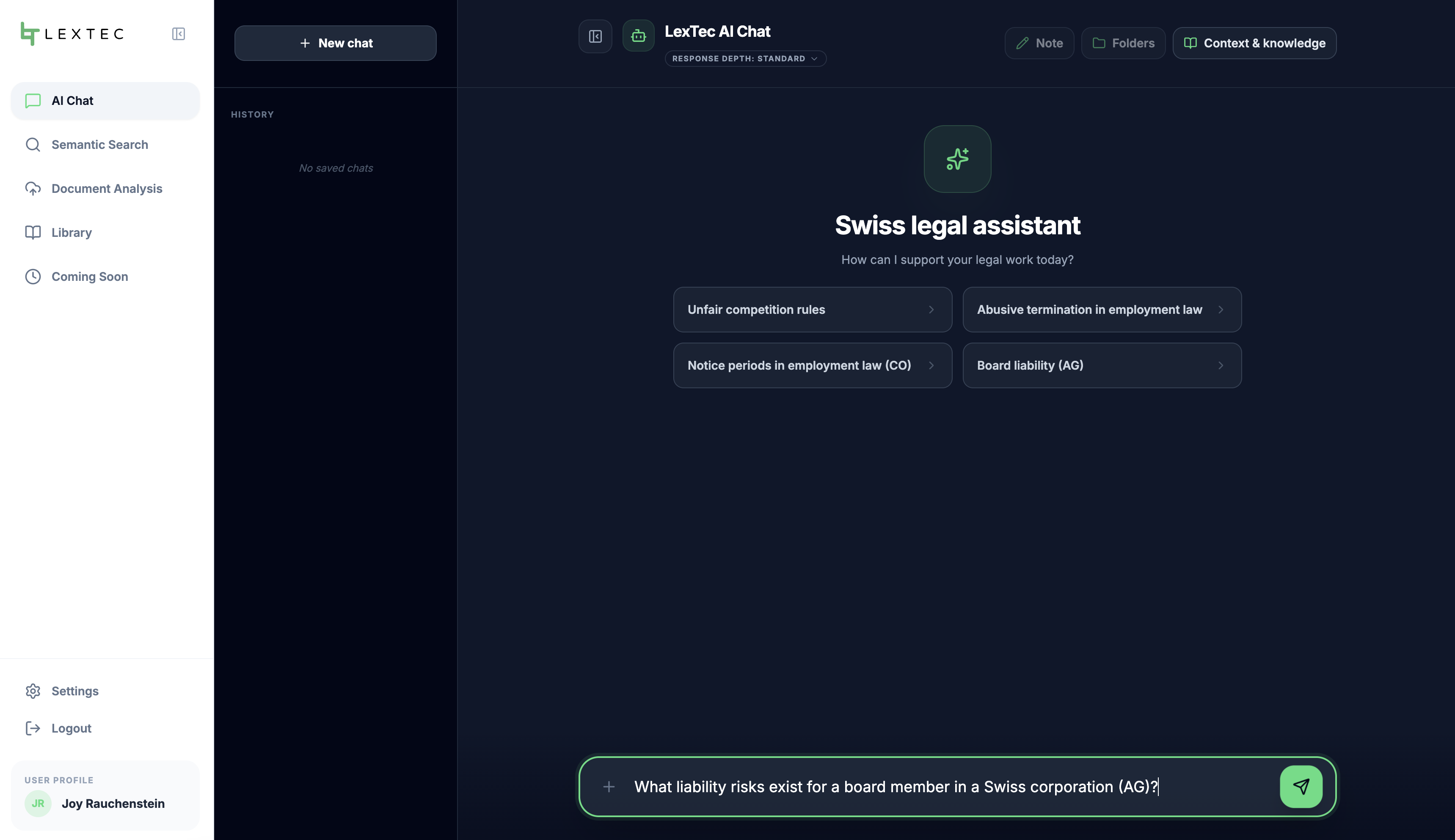 LexTec AI Chat, the Swiss legal assistant home screen with suggested questions